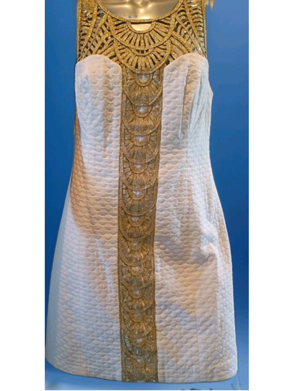 LILLY PULITZER-TANA Dress-Sz 10-White Cotton Pique Gold Braid Yoke Perfect!
